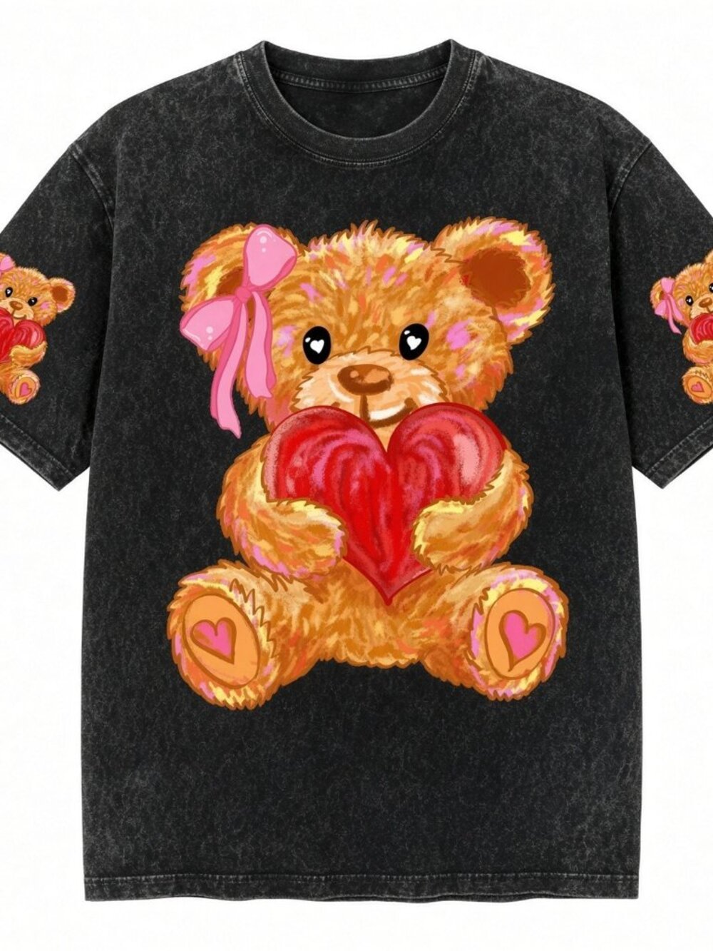 Teddy Bear Heart Pink Bow Acid Wash Black Graphic Tee